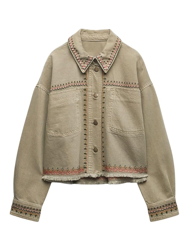Joiemont Womens Embroidered Overshirt Western Denim Jacket